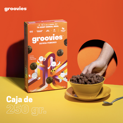 Cereal Saludable para niños. Groovies Quinoa Powered. Caja de Chocolate 12 Pzs de 250g.
