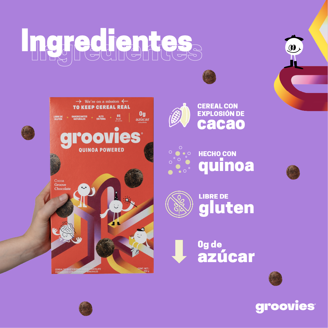Cereal Saludable para niños. Groovies Quinoa Powered, Bajo en azúcar. Caja mixta 4 Pzs de 250g. ENVIO GRATIS