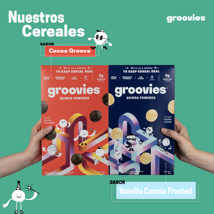 Cereal Saludable para niños. Groovies Quinoa Powered. Caja de Vainilla 12 Pzs de 250g.